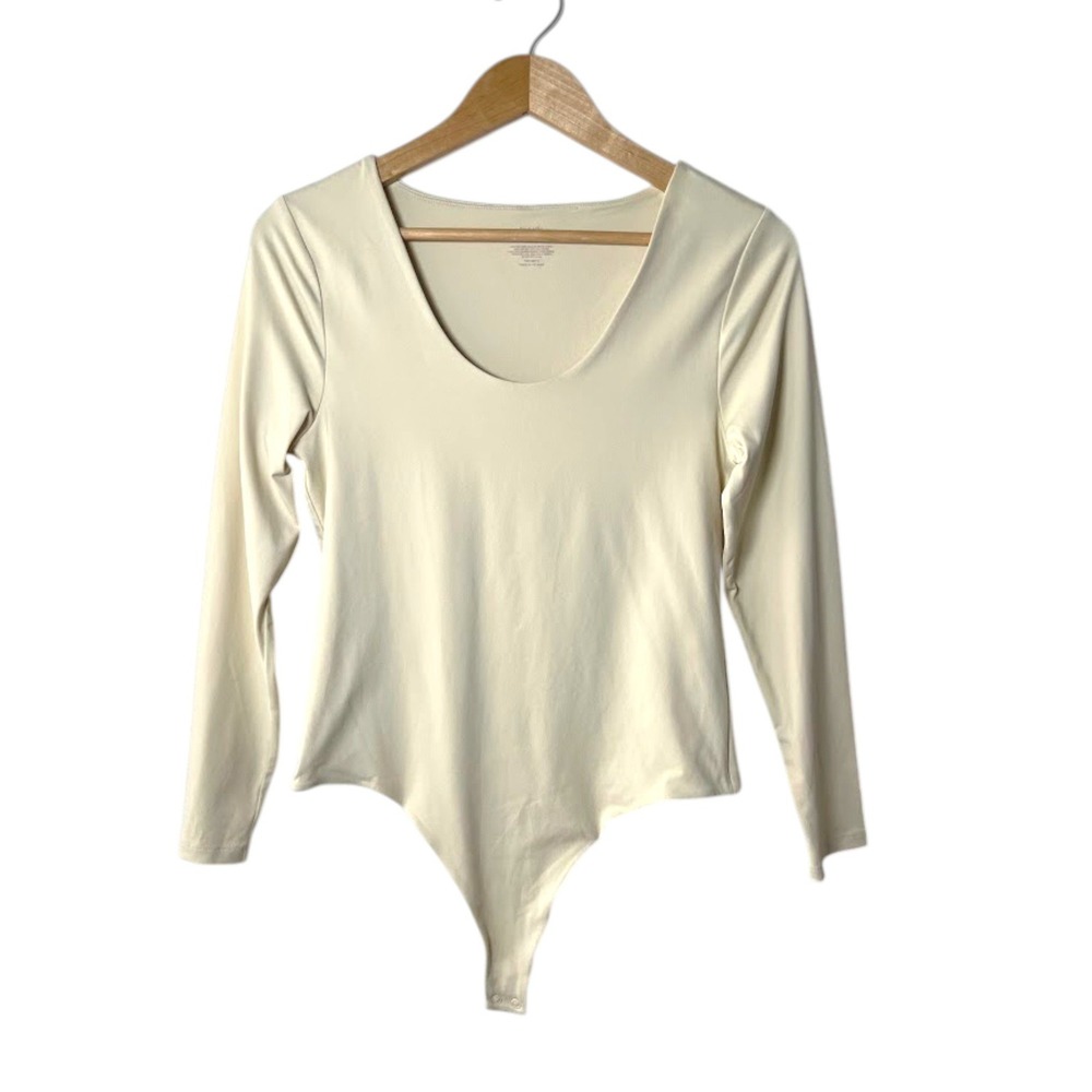 Nuuds Women Cream Bone Long Sleeve Scoop Neck Bodysuit Size Large